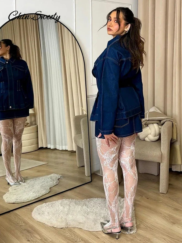 Chaqueta vaquera de calle para mujer, con solapa, mangas largas y cremallera, azul oscuro, cintura ceñida, abrigos vaqueros para mujer, primavera 2025, ropa exterior Y2K para mujer