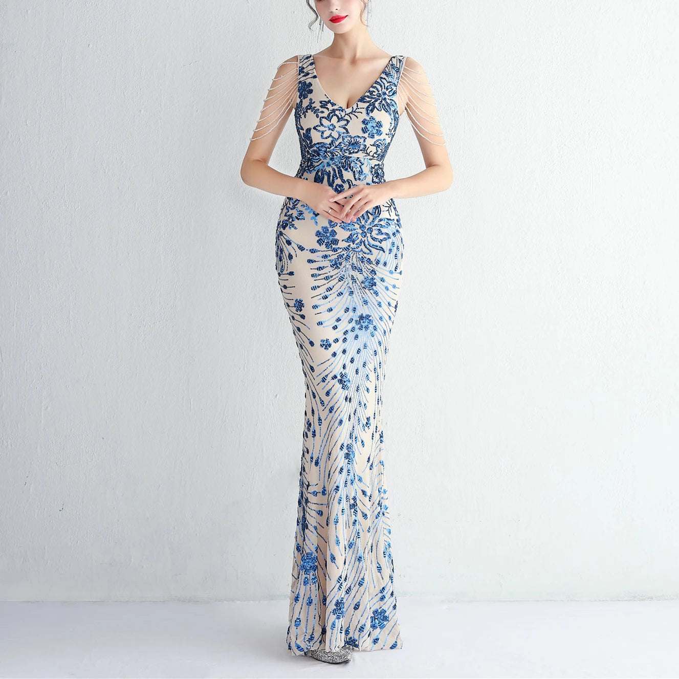 Vestido sexy sin mangas con escote en V, con piedras y cristales, lentejuelas y borlas, elegante, de fiesta, largo y de cintura alta.