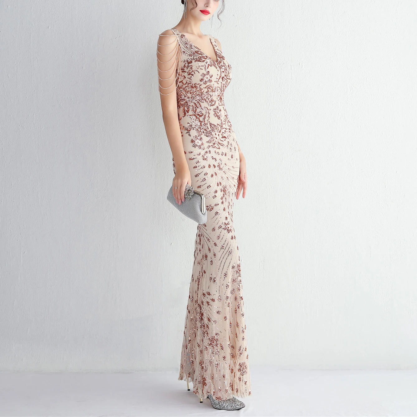 Vestido sexy sin mangas con escote en V, con piedras y cristales, lentejuelas y borlas, elegante, de fiesta, largo y de cintura alta.