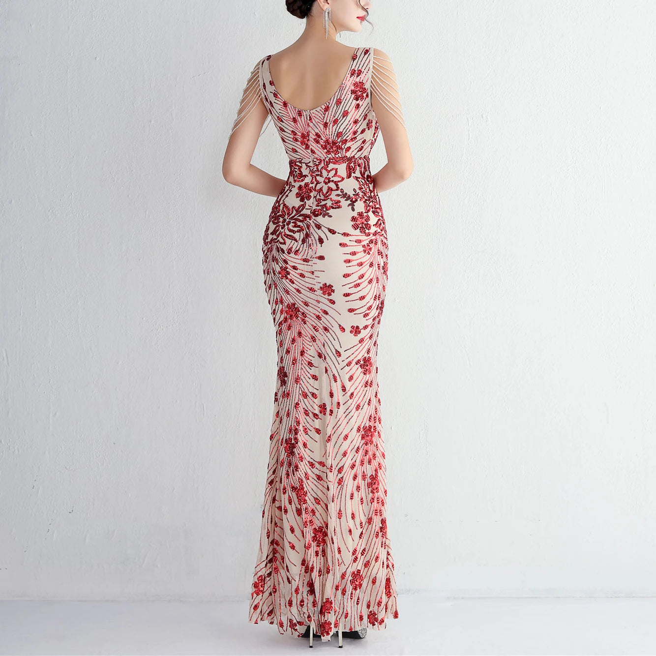 Vestido sexy sin mangas con escote en V, con piedras y cristales, lentejuelas y borlas, elegante, de fiesta, largo y de cintura alta.