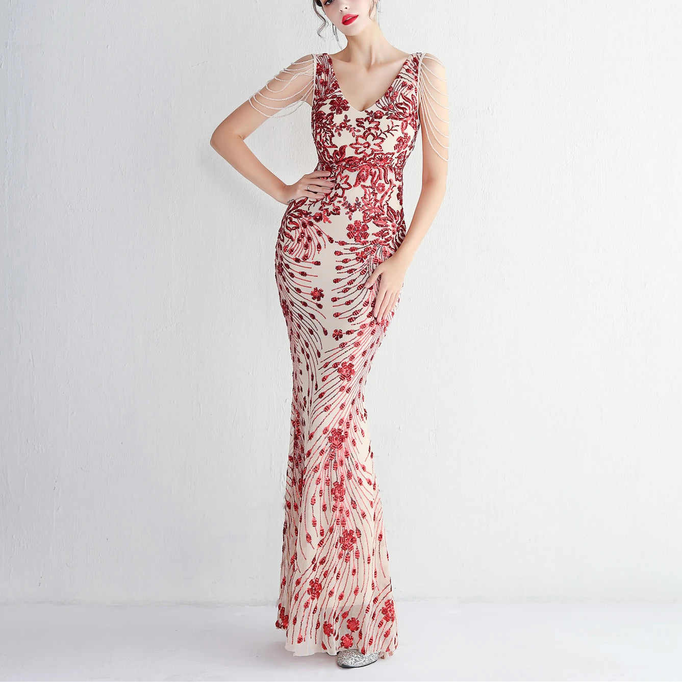 Vestido sexy sin mangas con escote en V, con piedras y cristales, lentejuelas y borlas, elegante, de fiesta, largo y de cintura alta.