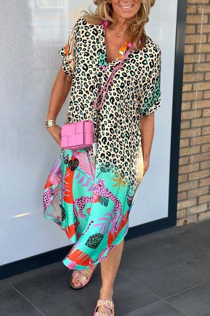 Leopard Print Patchwork Dresses Women V-neck Short Sleeves Pocket Loose Slit Midi Dress Fashion Casual Lady Vestidos Summer New