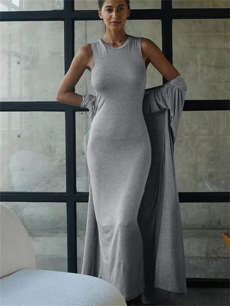 Casual 2 Piece-Set Female Long Dress Slim High Waist Patchwork Sleeveless Dress And Overcoat Sets Women Maxi Dress Outfits