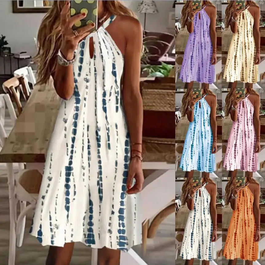 Vestidos cortos con cuello halter y estampado sencillo para mujer, moda informal, con aberturas en la espalda, sin mangas, para ir al trabajo