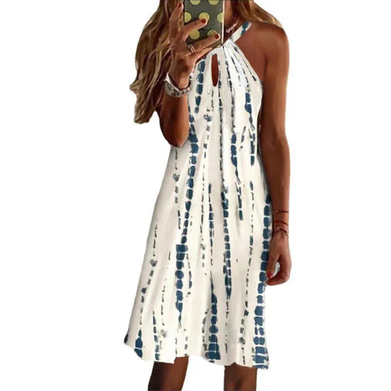 Vestidos cortos con cuello halter y estampado sencillo para mujer, moda informal, con aberturas en la espalda, sin mangas, para ir al trabajo