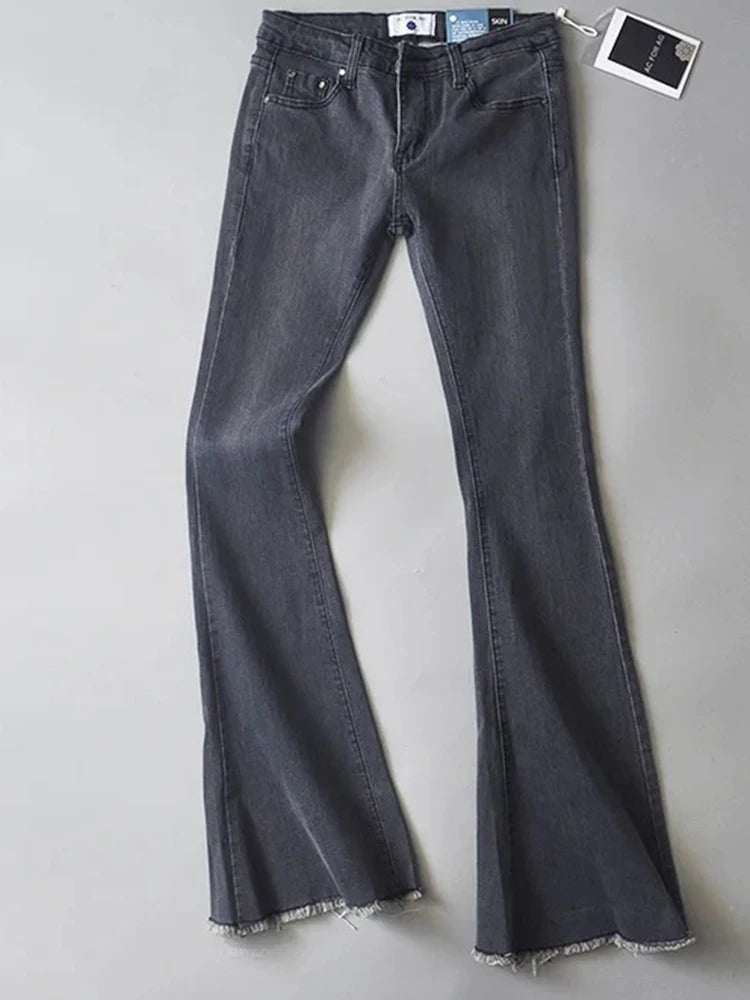 Vaqueros azules retro de cintura baja para mujer 2025, pantalones ajustados acampanados, vaqueros básicos ajustados de verano para mujer, vaqueros casuales de calle para mujer