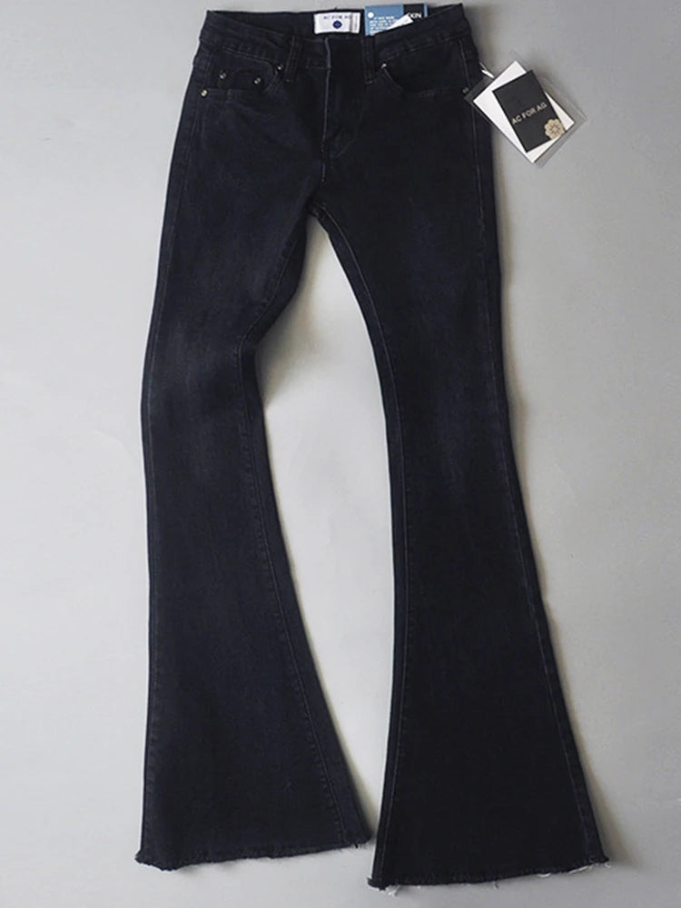 Vaqueros azules retro de cintura baja para mujer 2025, pantalones ajustados acampanados, vaqueros básicos ajustados de verano para mujer, vaqueros casuales de calle para mujer