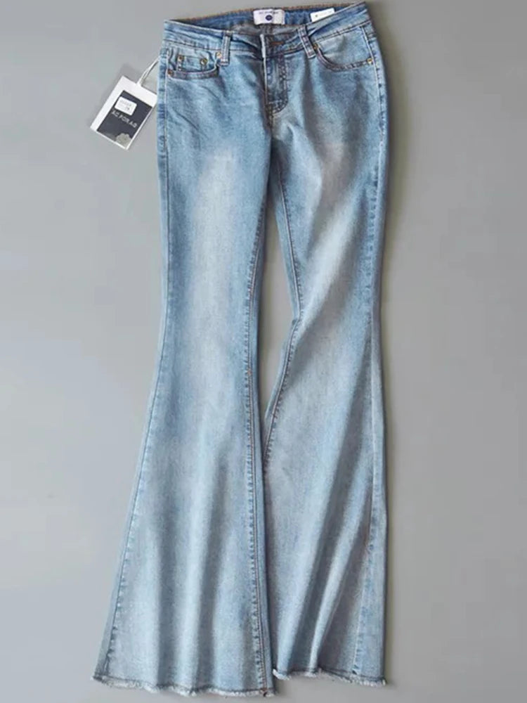 Vaqueros azules retro de cintura baja para mujer 2025, pantalones ajustados acampanados, vaqueros básicos ajustados de verano para mujer, vaqueros casuales de calle para mujer
