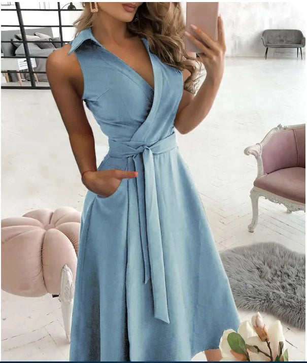 Vestidos sin mangas de color liso con temperamento para mujer, moda sexy con escote en V, ajustados, línea A, primavera y verano, nueva ropa para dama