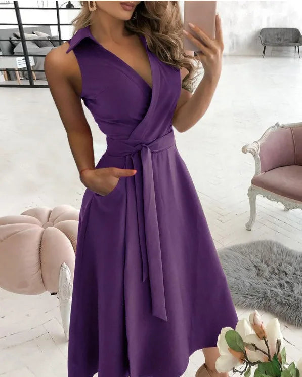 Vestidos sin mangas de color liso con temperamento para mujer, moda sexy con escote en V, ajustados, línea A, primavera y verano, nueva ropa para dama