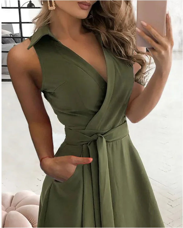 Vestidos sin mangas de color liso con temperamento para mujer, moda sexy con escote en V, ajustados, línea A, primavera y verano, nueva ropa para dama