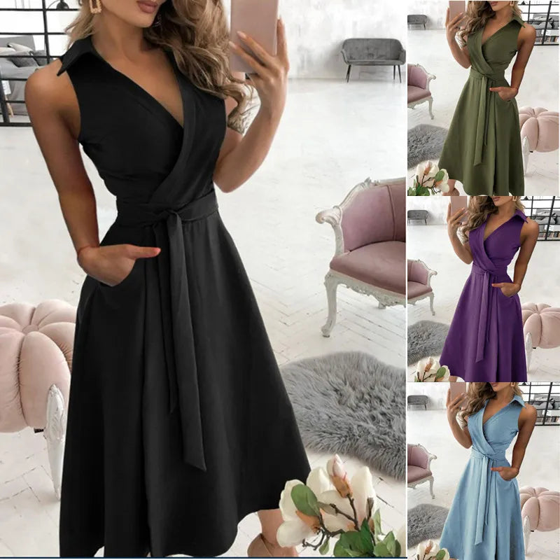 Vestidos sin mangas de color liso con temperamento para mujer, moda sexy con escote en V, ajustados, línea A, primavera y verano, nueva ropa para dama
