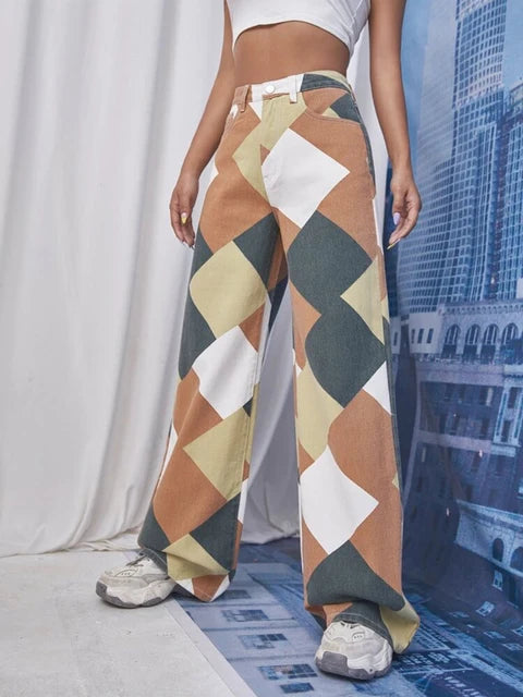 Pantalones rectos casuales a cuadros rombos para mujer, vaqueros de cintura alta Y2K, pantalones estéticos Harajuku, ropa de calle a cuadros, novedad de 2025