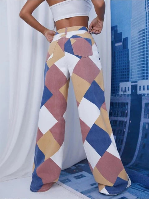 Pantalones rectos casuales a cuadros rombos para mujer, vaqueros de cintura alta Y2K, pantalones estéticos Harajuku, ropa de calle a cuadros, novedad de 2025