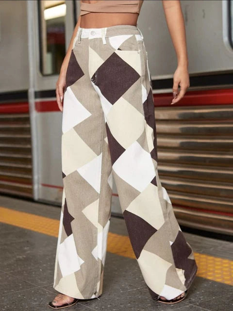 Pantalones rectos casuales a cuadros rombos para mujer, vaqueros de cintura alta Y2K, pantalones estéticos Harajuku, ropa de calle a cuadros, novedad de 2025