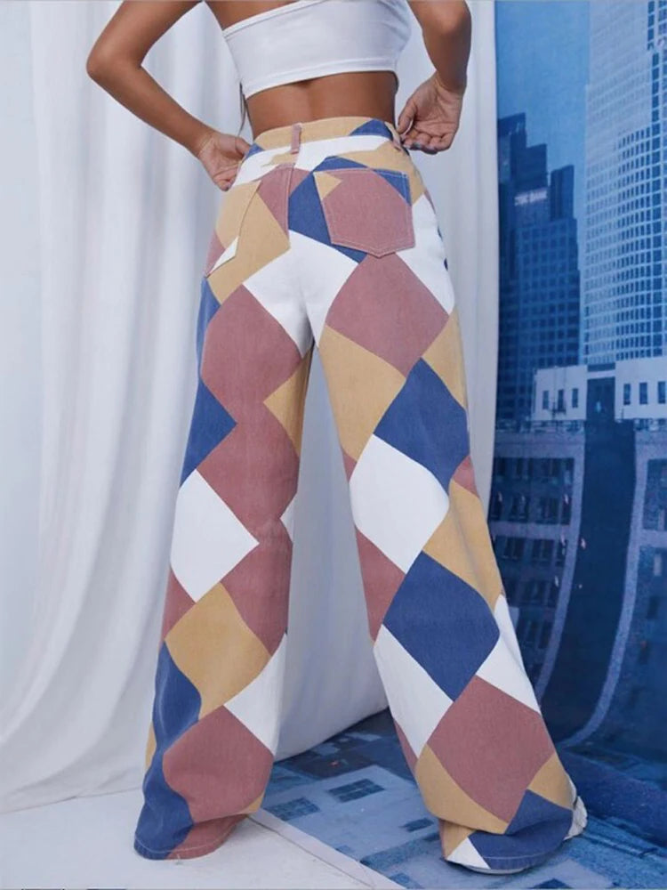 Pantalones rectos casuales a cuadros rombos para mujer, vaqueros de cintura alta Y2K, pantalones estéticos Harajuku, ropa de calle a cuadros, novedad de 2025