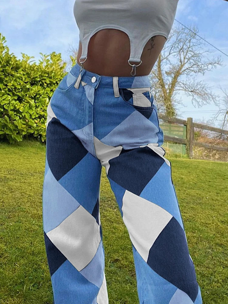 Pantalones rectos casuales a cuadros rombos para mujer, vaqueros de cintura alta Y2K, pantalones estéticos Harajuku, ropa de calle a cuadros, novedad de 2025