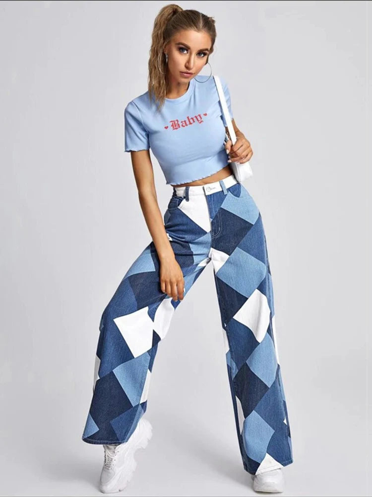 Pantalones rectos casuales a cuadros rombos para mujer, vaqueros de cintura alta Y2K, pantalones estéticos Harajuku, ropa de calle a cuadros, novedad de 2025