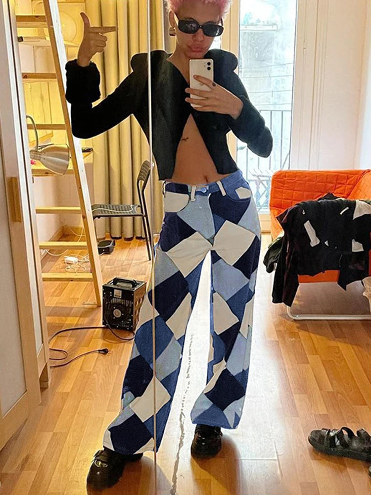 Pantalones rectos casuales a cuadros rombos para mujer, vaqueros de cintura alta Y2K, pantalones estéticos Harajuku, ropa de calle a cuadros, novedad de 2025