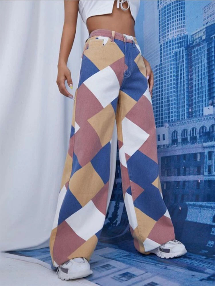 Pantalones rectos casuales a cuadros rombos para mujer, vaqueros de cintura alta Y2K, pantalones estéticos Harajuku, ropa de calle a cuadros, novedad de 2025