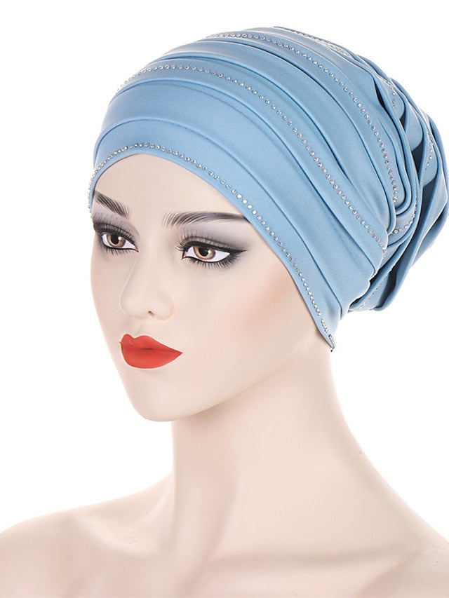 Rhinestones Pleated Turban Cap African Hat Muslim Headscarf Bonnet Ladies Head Wraps for Women