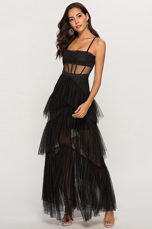 Vestido largo de malla con escote tipo corsé Arlene