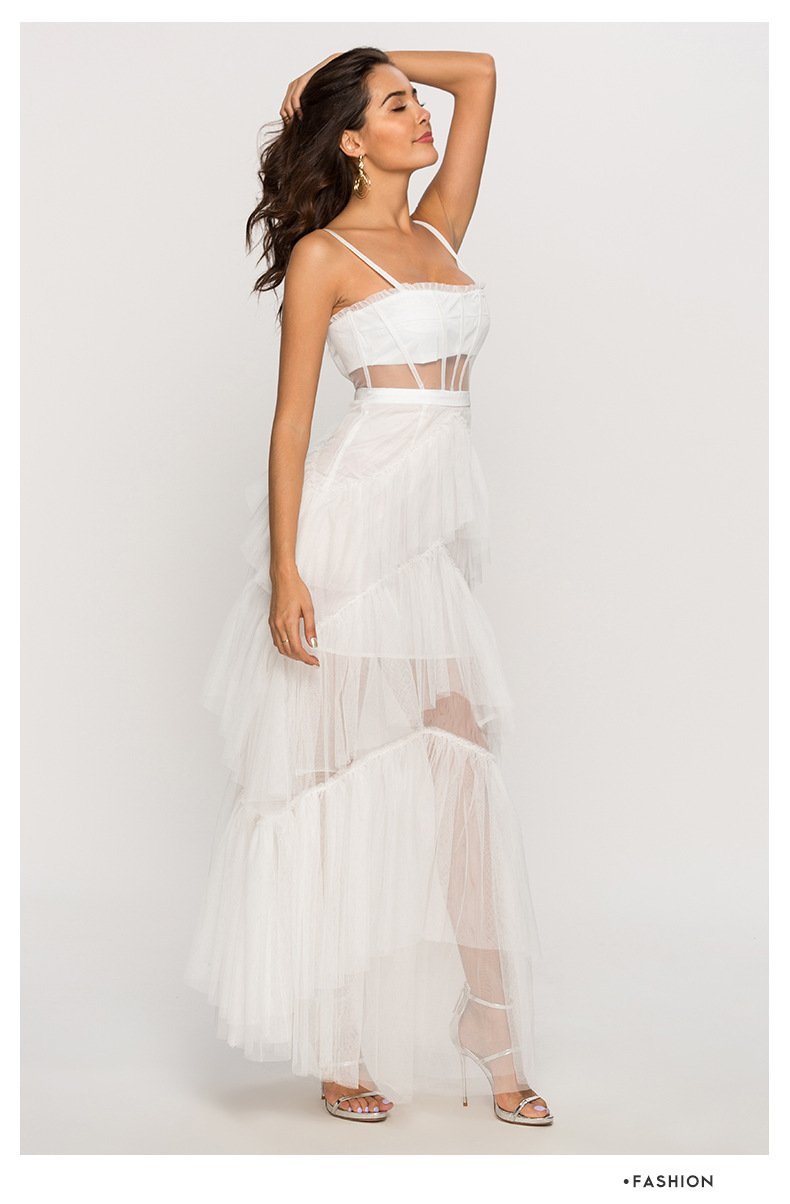Vestido largo de malla con escote tipo corsé Arlene