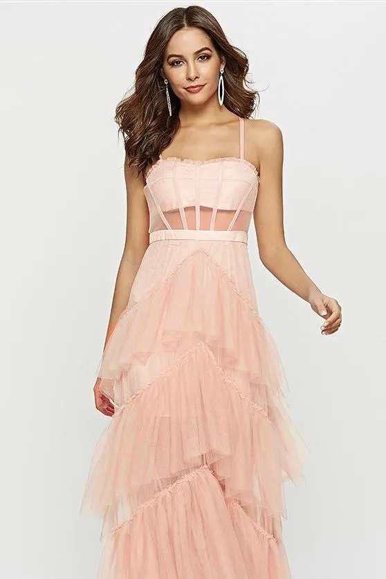 Vestido largo de malla con escote tipo corsé Arlene