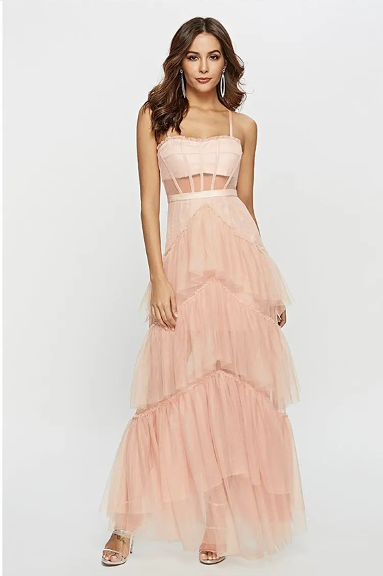 Vestido largo de malla con escote tipo corsé Arlene