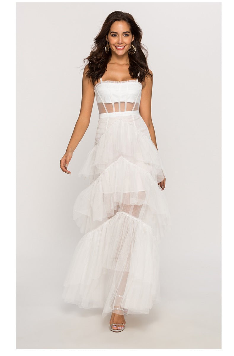 Vestido largo de malla con escote tipo corsé Arlene