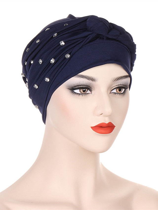 Bling Crystal with Braid Turbans For Women Muslim Turban Cap Islamic Head Wrap Indian Turbante Hat Hair Ready to Wear Hijabs for Women