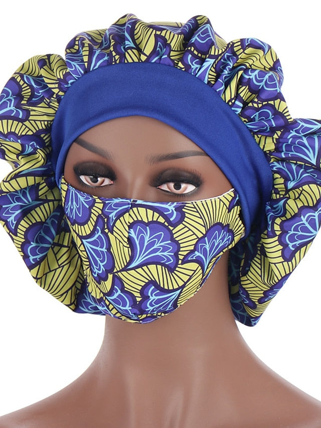 African Pattern Print Satin Bonnet Hijabs Hat Women Night Sleep Cap with Mask Turban Extra Large Head Wear Lady Head Wrap for Women