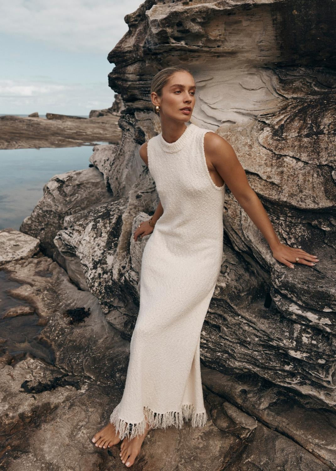 Coastal Thread - Sleeveless Knit Maxi Dress with Fringe Hem