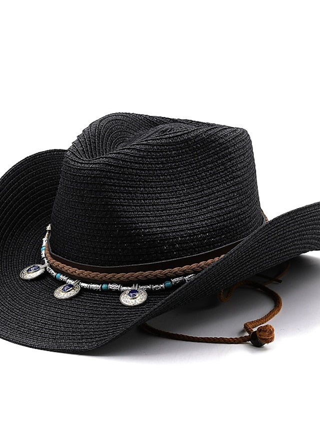 Black White Cowboy Hat Panama Jazz Straw Hat Summer Vacation Beach Hat Women Men Fashion Outdoor Sun Hat for Women