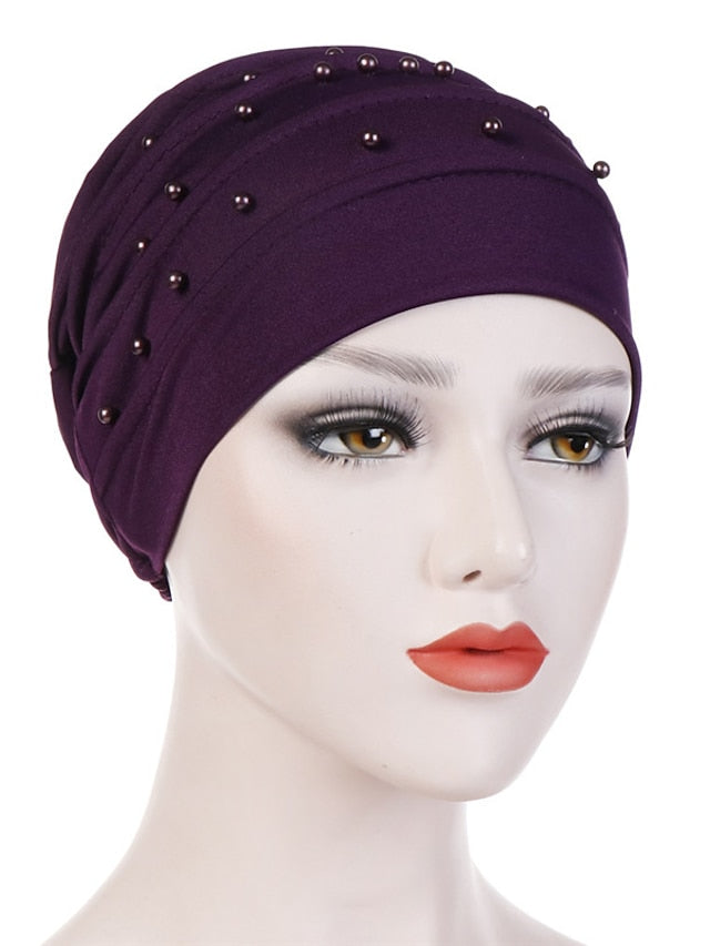 Fashion Muslim Women Turban Scarf Pearl Fold Turban Hat Cancer Chemo Beanies Cap Islamic Wrap Headscarf Musulman Femme Hijab Hair Accessories for Women