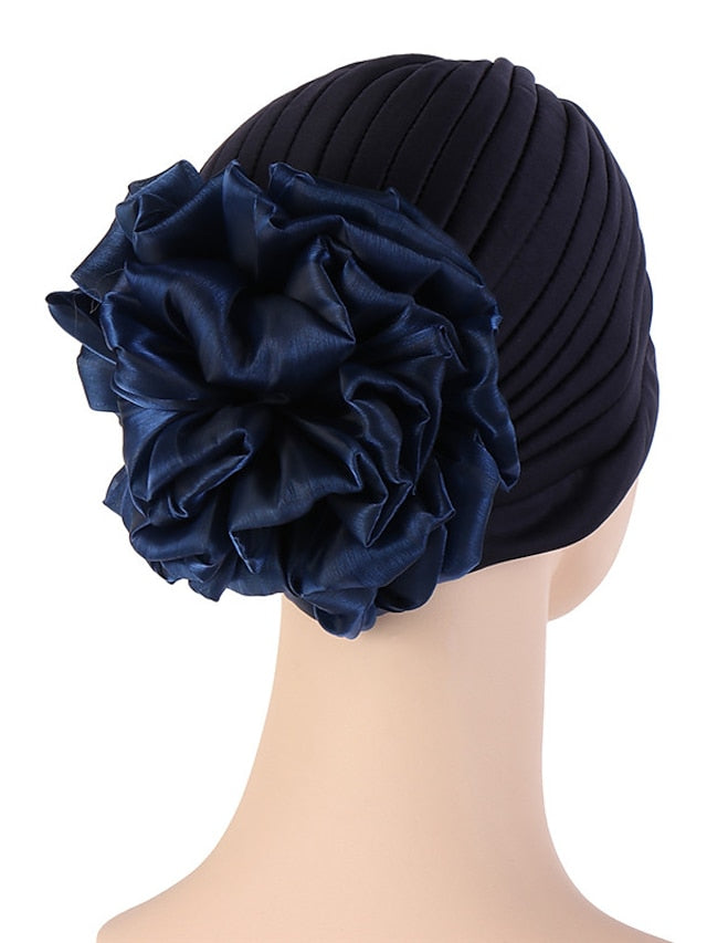 Female Stylish Indian Big Flower Solid Color Turban Hat Comfortable Women Muslim Pullover Hat African Head Wrap Hijab Cap Headwear for Women