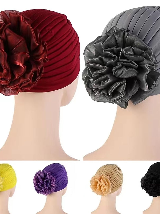 Female Stylish Indian Big Flower Solid Color Turban Hat Comfortable Women Muslim Pullover Hat African Head Wrap Hijab Cap Headwear for Women