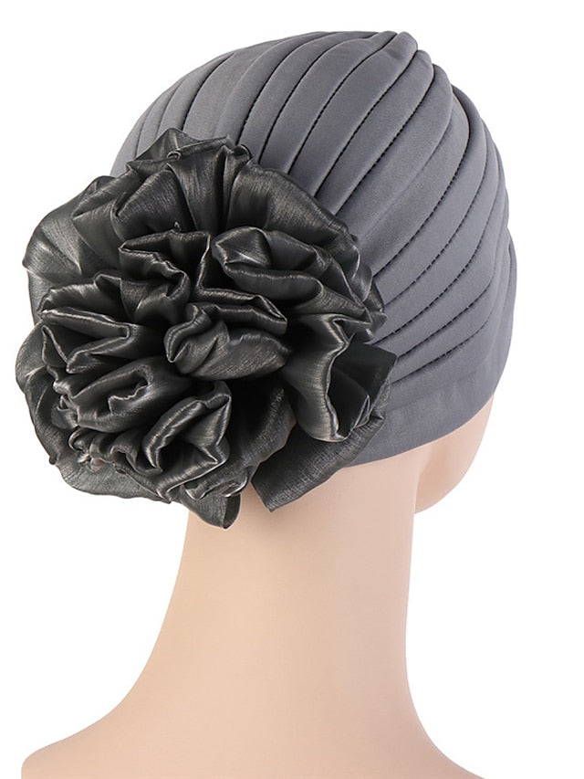 Female Stylish Indian Big Flower Solid Color Turban Hat Comfortable Women Muslim Pullover Hat African Head Wrap Hijab Cap Headwear for Women