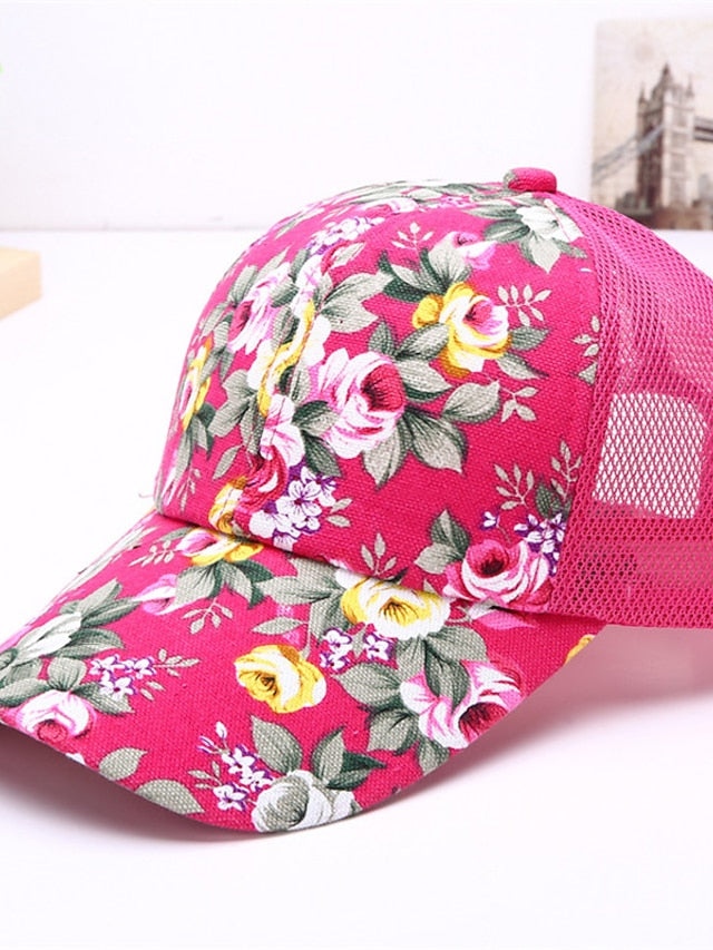 Breathable Trucker Hat Baseball Cap Sun Shade Fashion Ladies Sunscreen Floral Mesh Peaked Caps Flower Hat Sun Hat Casual Wild for Women