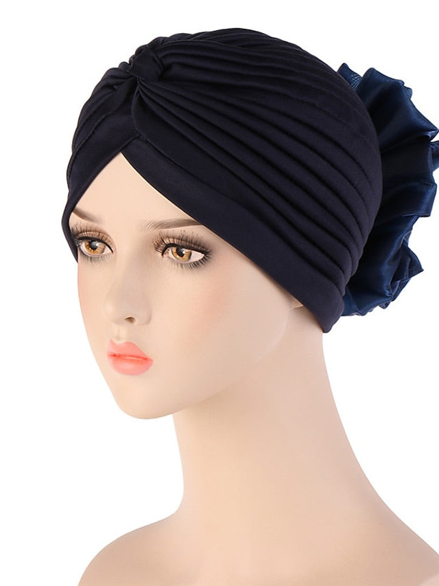 Female Stylish Indian Big Flower Solid Color Turban Hat Comfortable Women Muslim Pullover Hat African Head Wrap Hijab Cap Headwear for Women