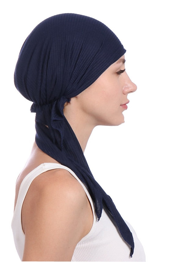 New Elastic Cotton Solid Color Wrap Head Scarf Hats Muslim Turban Bonnet For Women Inner Hijab Hat Fashion Female Turbantes Caps for Women