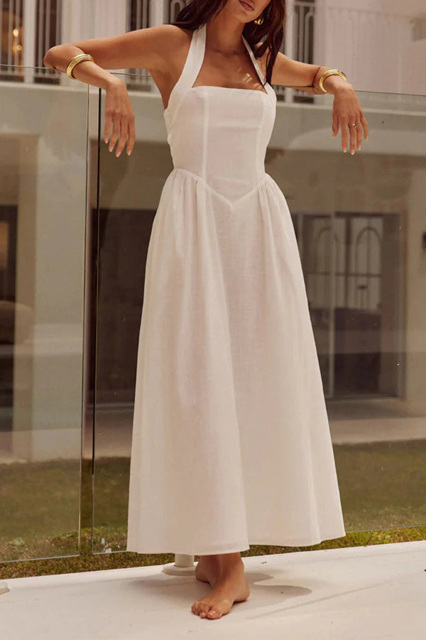 Vestidos sexis sin mangas con cuello halter y bolsillos sólidos