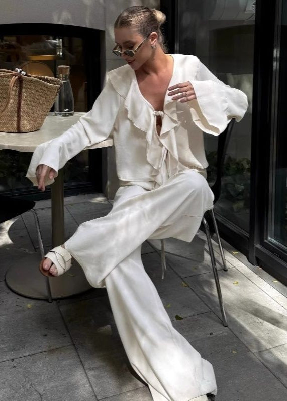 Serena Ruffle Lounge Set – Flowy Two-Piece with Wide-Leg Pants