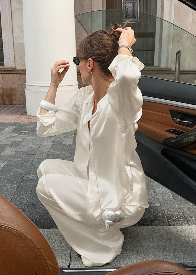 Ivory Drift Satin Relaxed Shirt & Pants Set