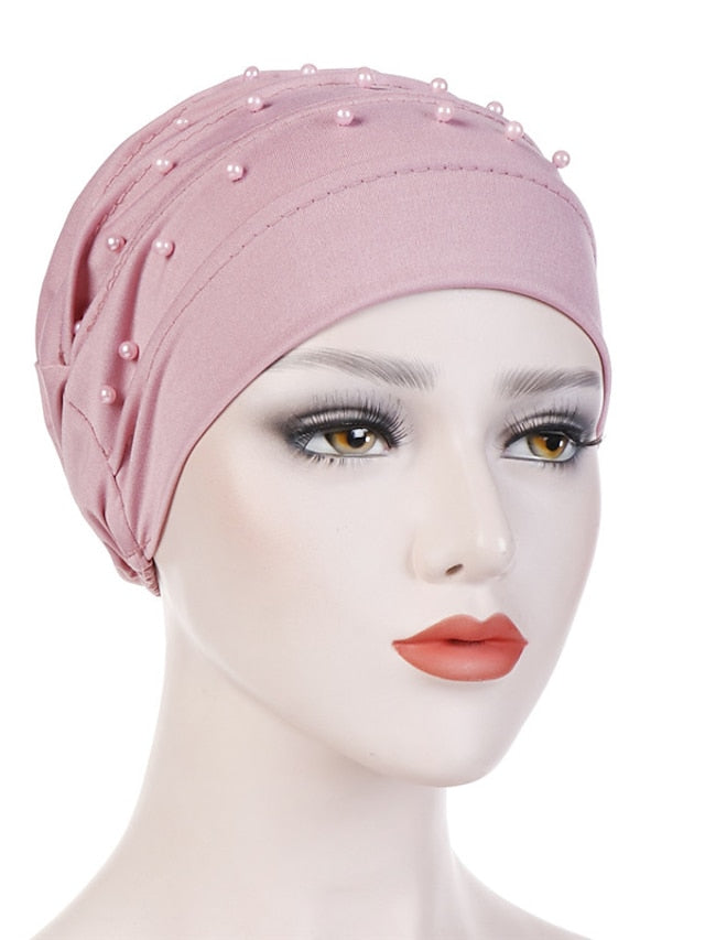 Fashion Muslim Women Turban Scarf Pearl Fold Turban Hat Cancer Chemo Beanies Cap Islamic Wrap Headscarf Musulman Femme Hijab Hair Accessories for Women