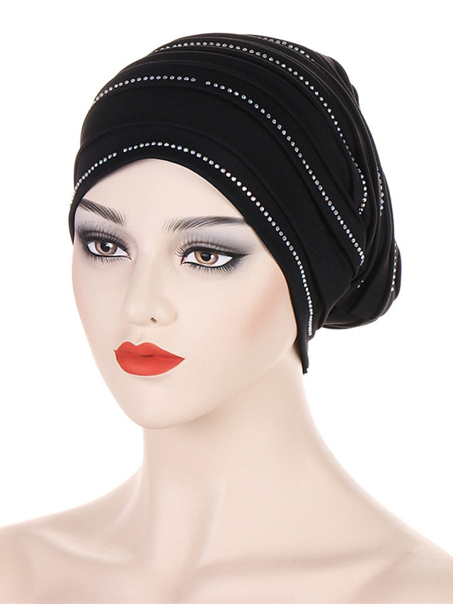 Rhinestones Pleated Turban Cap African Hat Muslim Headscarf Bonnet Ladies Head Wraps for Women