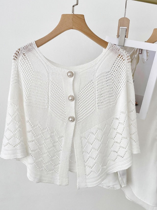 Solid Color Knitted Hollow Shawl Summer Air-conditioned Elegant Vest with Pearl Button Cape Sunscreen Fake Collar for Women
