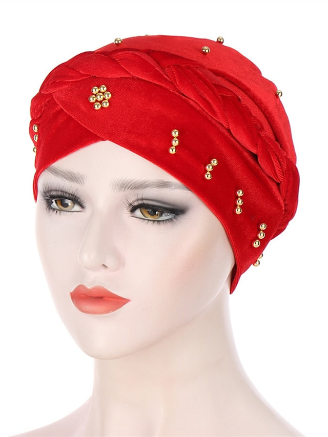 Retro Lady Women Beaded Hat Muslim Braid Head Scarf Turban Head Wrap Cover Ramadan Hair Loss Islamic Headwear Arab Fashion for Women