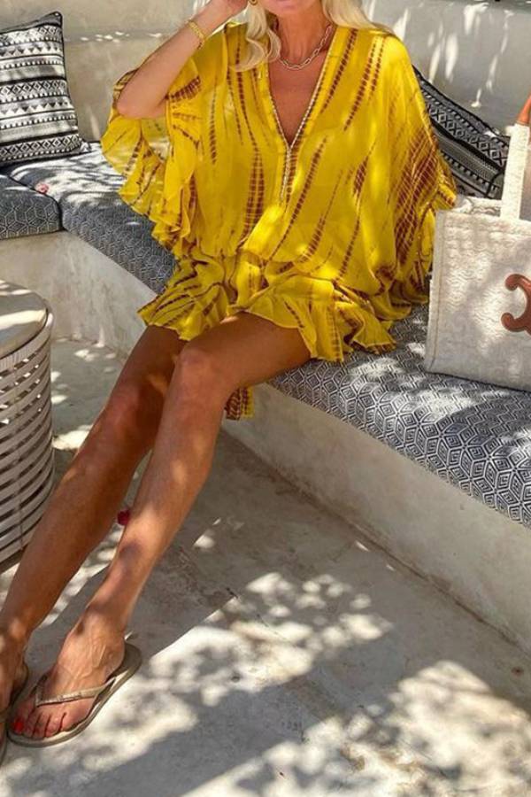 Vestido minicaftán con cintura elástica, mangas murciélago y volantes con efecto tie-dye y sabor a limón