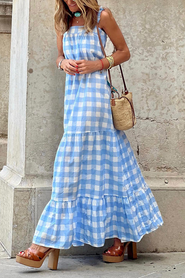 Vestido sin mangas con costuras a cuadros y tirantes, sin tirantes